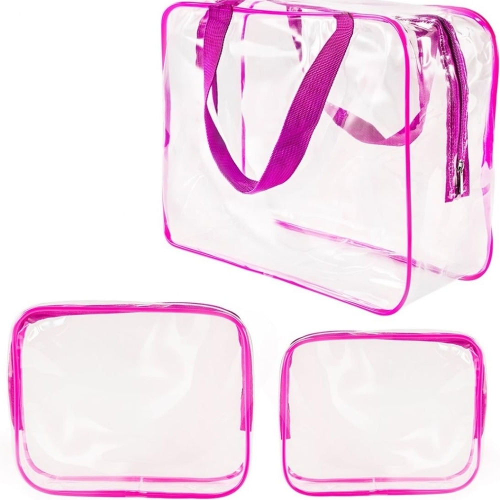 3-Piece Crystal Clear PVC Travel Toiletry Bag Kit - Small, Medium, and Large